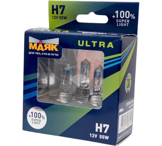 Изображение товара Автомобильная галогенная лампа МАЯК H7, 12V, 55W, PX26d Super Light +100%  ULTRA, 2 шт. 82720SL+100