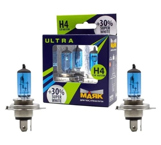 Изображение товара Автомобильная галогенная лампа МАЯК H4 12 В, 60/55 Вт, P43t, Super White +30%, ULTRA, 2 шт. 82420SW+30