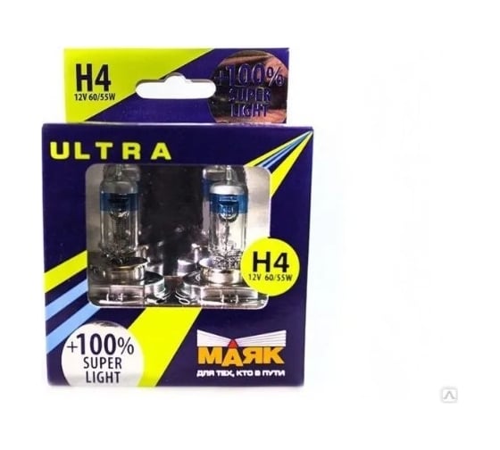 Изображение товара Автомобильная галогенная лампа МАЯК H4, 12 В, 60/55 Вт, P43t, Super Light +100%, ULTRA, 2 шт. 82420SL+100