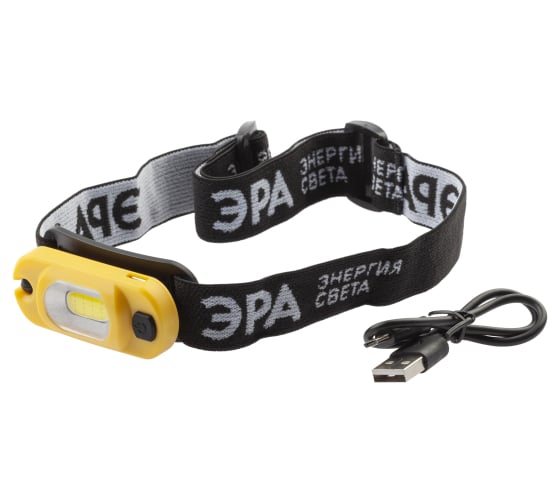 Изображение товара Налобный светодиодный фонарь ЭРА рабочий GA801 аккумуляторный, мощный, яркий, 4 режима, желто-черный Б0061089