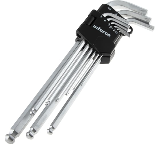 Изображение товара Набор шестигранных экстра-длинных ключей с шаром 9 штук Inforce, размеры 1,5-10мм, 06-05-95