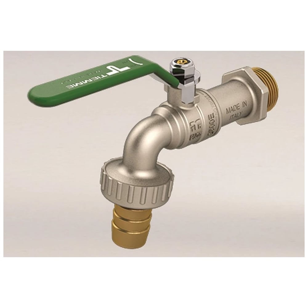 Изображение товара Кран Tiemme 1/2" шаровой сливной со штуцером NO Frost (зеленая плоская ручка) 2500058 2500058/2531V