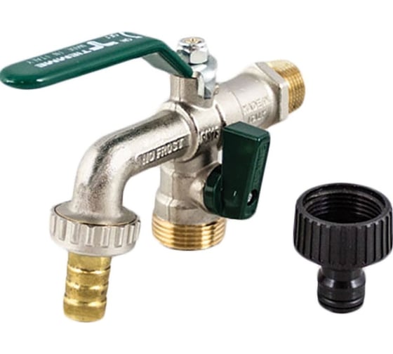 Изображение товара Кран Tiemme 1/2" шаровой сливной со штуцером NO Frost Duplex (зеленая плоская ручка) 2500062 2500062/2535V