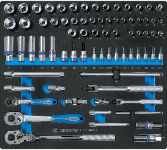 Изображение товара Набор торцевых головок 1/4" и 3/8" с принадлежностями KING TONY ложемент, 75 предметов 9-5575MRV02