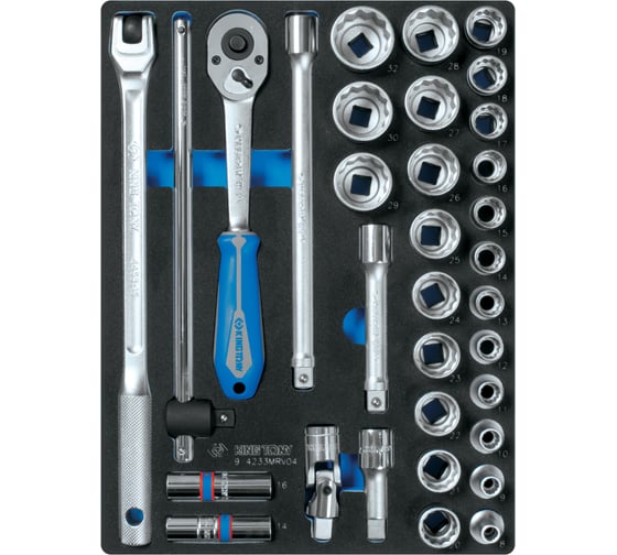 Изображение товара Набор торцевых головок 1/2" с принадлежностями KING TONY двенадцатигранные, ложемент, 33 предмета 9-4233MRV04