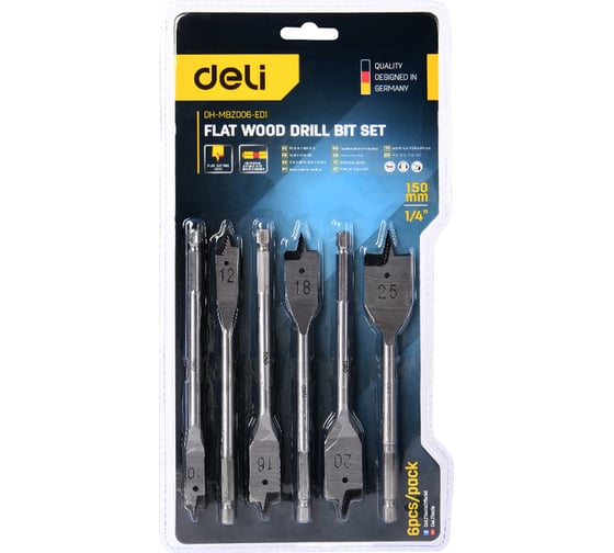 Изображение товара Набор перовых сверл по дереву DH-MBZ006-ED1 6 шт, 10/12/16/18/20/25 мм, длина 150мм, 1/4 дюйма, блистер DELI 130299
