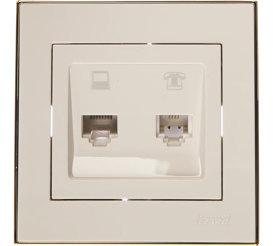 Изображение товара Розетка LEZARD RAIN компьютер+телефон белый с бок. вст. золото 703-0226-143