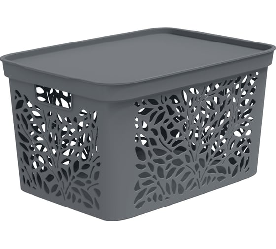 Изображение товара Корзина с крышкой Полимербыт Leaves 30л 463x326x256мм серый 438390100