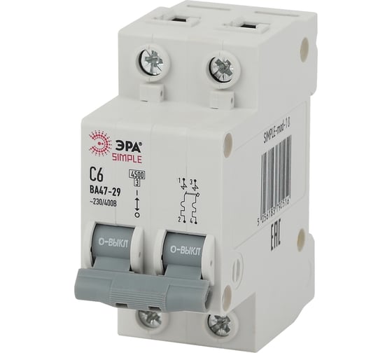Изображение товара Автоматический выключатель ЭРА SIMPLE ВА 47-29 2P 6А C 4,5кА Б0039227