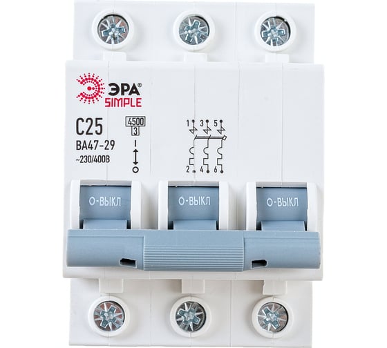 Изображение товара Автоматический выключатель ЭРА SIMPLE ВА 47-29 3P 25А C 4,5кА Б0039240