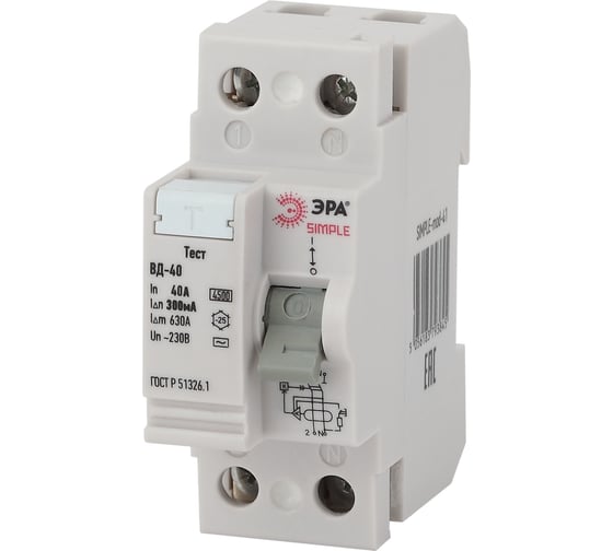 Изображение товара Устройство защитного отключения ЭРА SIMPLE УЗО ВД-40 2P 40А/300мА электронное Б0039271