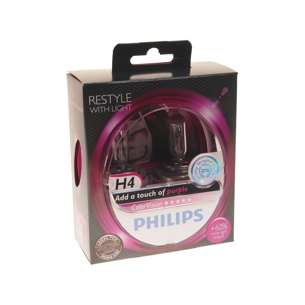 фото Автолампа philips h4 60,55 p43t-38+60% color vision purple 3350k 2 шт. 12v, 1,5 12342cvpps2