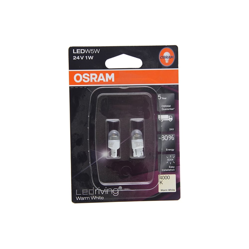 фото Автолампа osram w5w w2.1 9.5d led warm 4000k, 2 шт. 24v, 1, 5 2824ww-02b