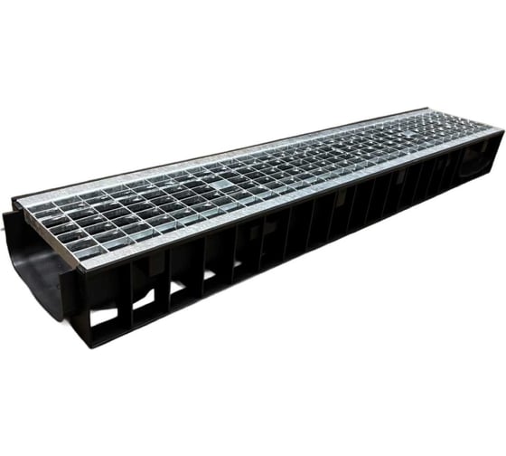 Изображение товара Пластиковый лоток Gidrolica dn150 h100 мм с решёткой ячеистой стальной оцинкованной и крепежом класс в125 815511