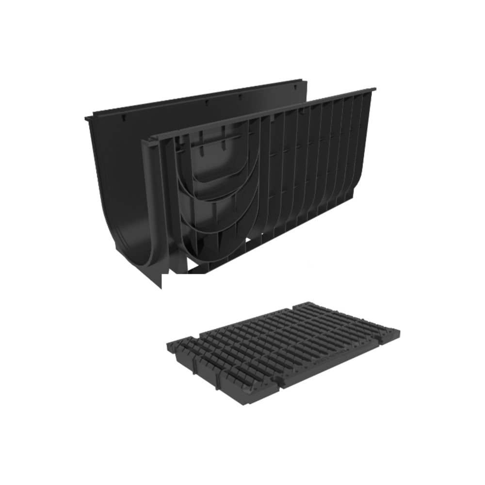 Изображение товара Пластиковый лоток Gidrolica pro dn300 h480 мм с пластиковой решеткой и крепежом класс c250 834535