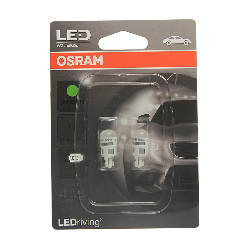 фото Автолампа osram w5w w2.1 9.5d led green, 2 шт. 12v, 1, 5 2880gr-02b