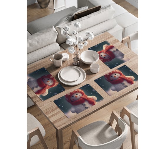 Изображение товара Набор прямоугольных тканевых салфеток на стол для сервировки JOYARTY "Снеговик" плейсмат, 30x46 см, 4шт. ser002_427873_30x46