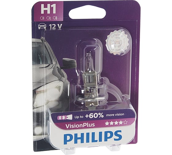 Изображение товара Автолампа PHILIPS H1 55 P14.5s+60 VISION PLUS 12V ,1,10 12258VPB1