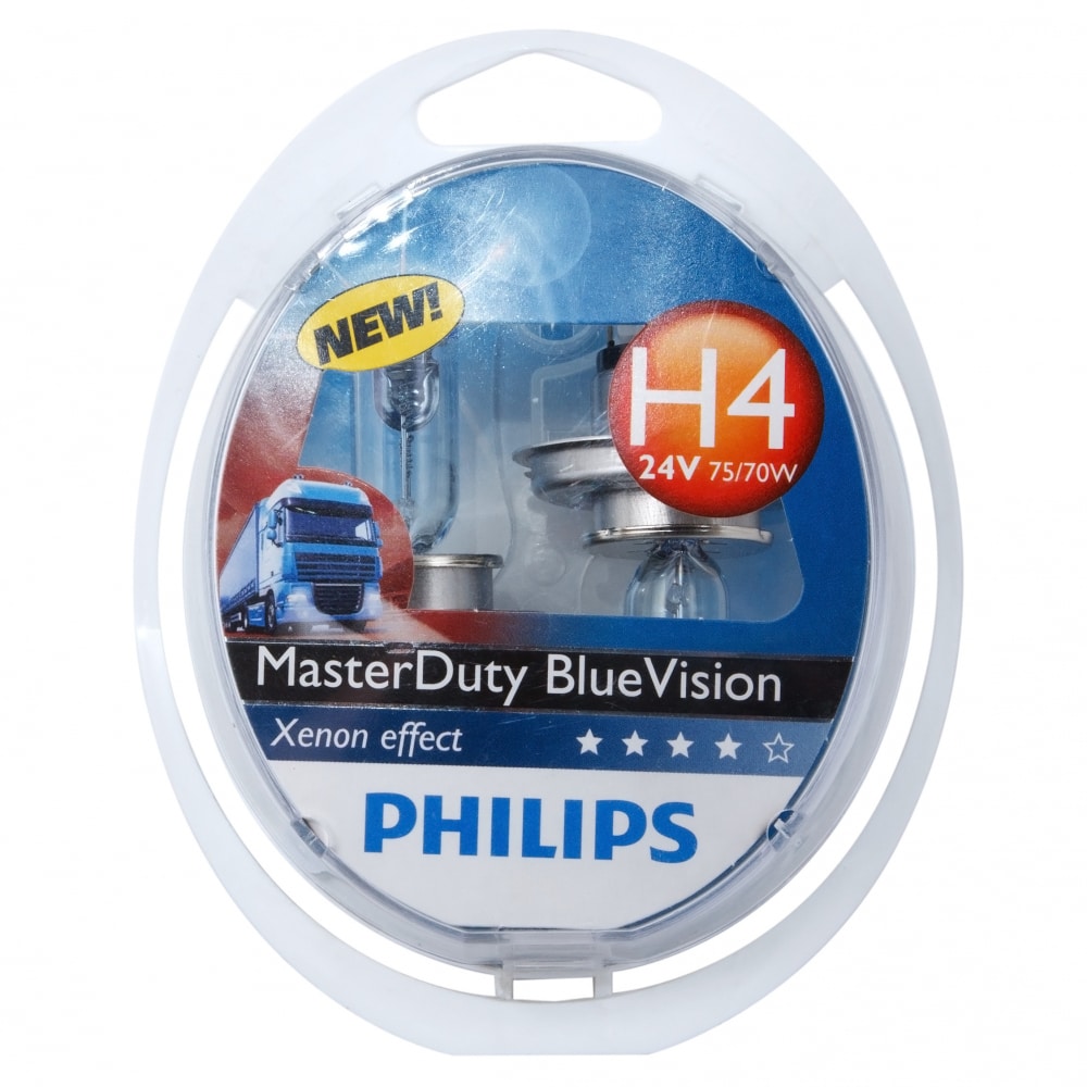 фото Автолампа philips h4, 75, 70 p43t-38 master duty blue vision 2 шт. 24v 1,5 13342mdbvs2