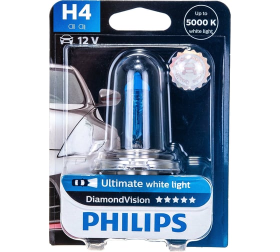Изображение товара Автолампа PHILIPS H4, 60, 55 P43t-38 DIAMOND VISION 5000K 12V 1,10 12342DVB1
