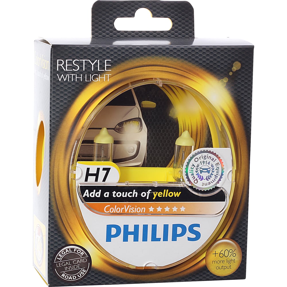 фото Автолампа philips h7, 55 px26d+60% color vision yellow 3350k 2 шт. 12v 1,5 12972cvpys2