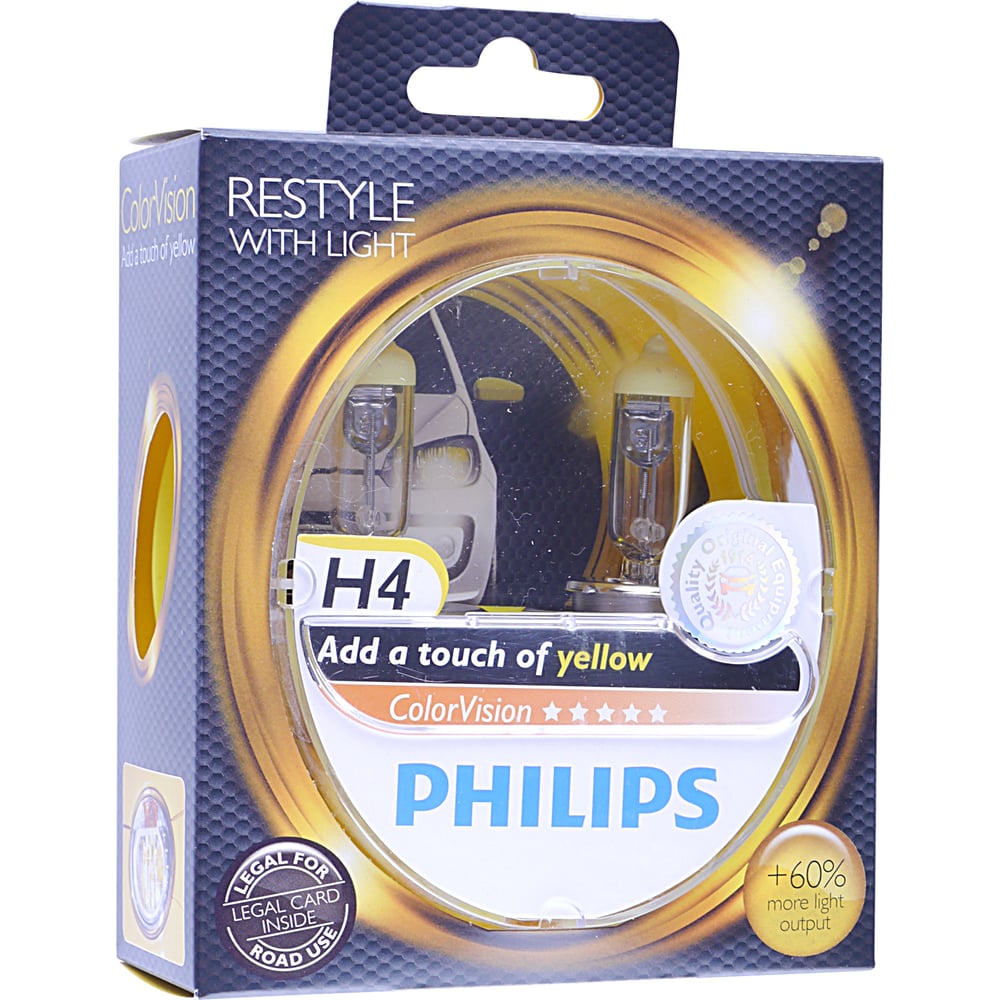 фото Автолампа philips h4, 60, 55 p43t-38+60% color vision yellow 3350k 2 шт. 12v 1,5 12342cvpys2