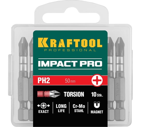 Изображение товара Набор ударных бит KRAFTOOL Impact Pro E 1/4", PH2, 50 мм, 10 шт 26191-2-50-S10