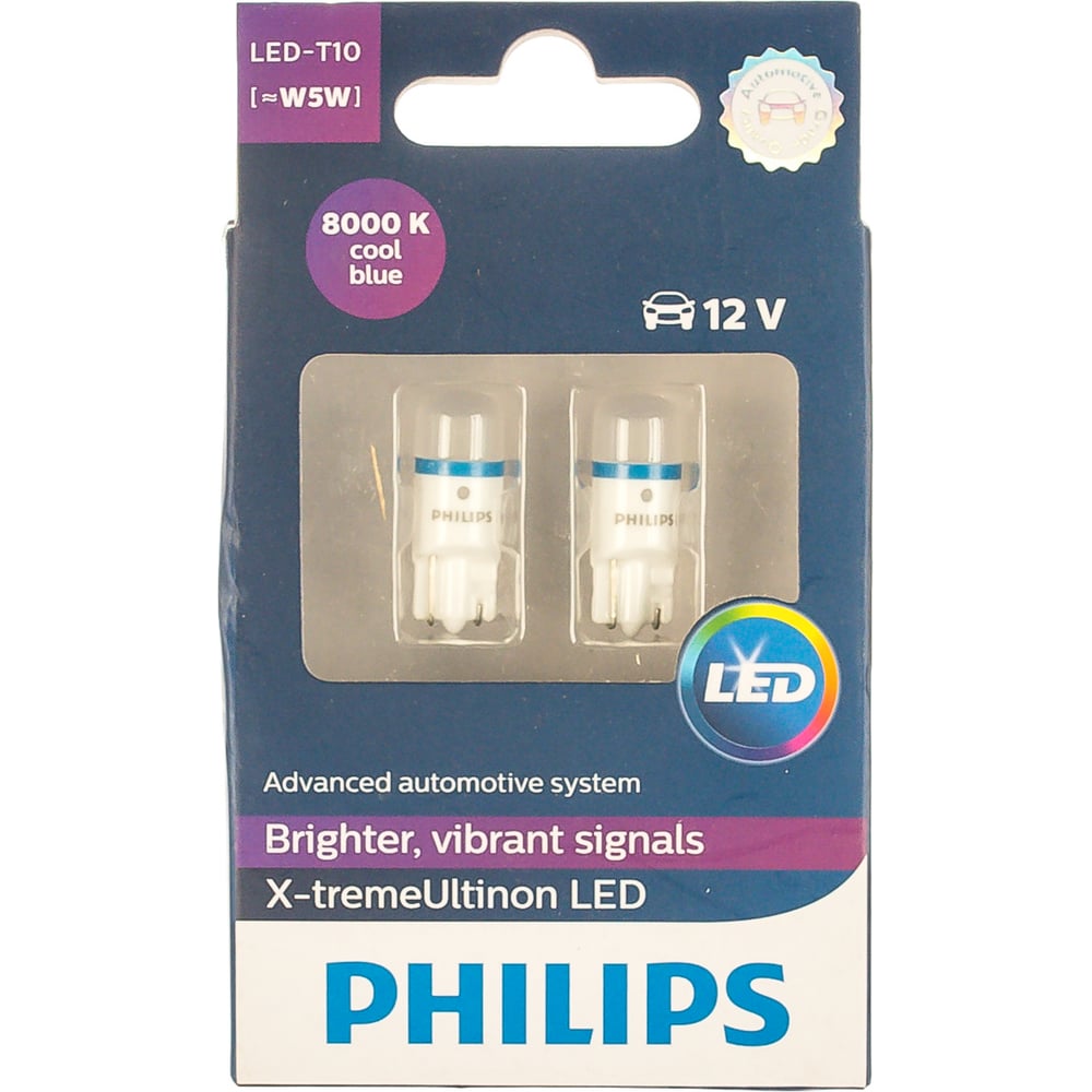 фото Автолампа philips t10w w2.1x9.5d led x-treme vision 8000k 2 шт. 12v 1,10 127998000kx2