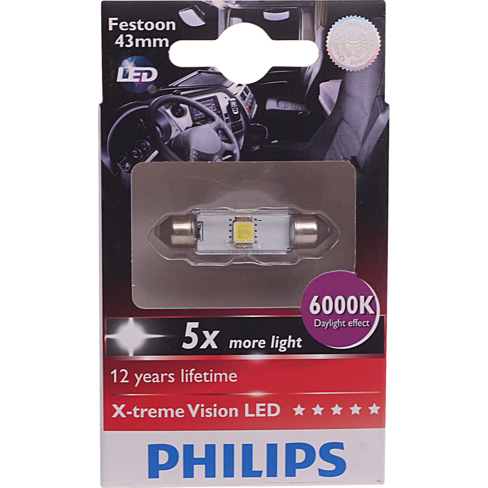 фото Автолампа philips c5w sv8.5,8, 43 мм led x-treme vision 6000k 24v 10,200 old 249466000kx1