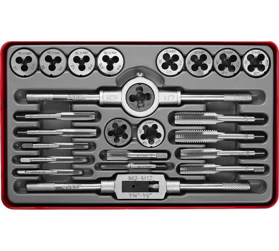 Изображение товара Набор метчиков и плашек Зубр МАСТЕР сталь 9ХС, 24 предмета 28116-H24_z01