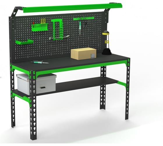 Изображение товара Металлический стол ООО Металекс серия SUN 750x1400x400 мм, одна полка + перфопанель с комплектом освещения 112005