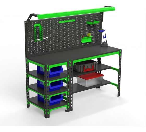 Изображение товара Металлический стол ООО Металекс серия SUN 750x1200x400 мм, с боковыми полками, перфопанелью и комплектом освещения 112037