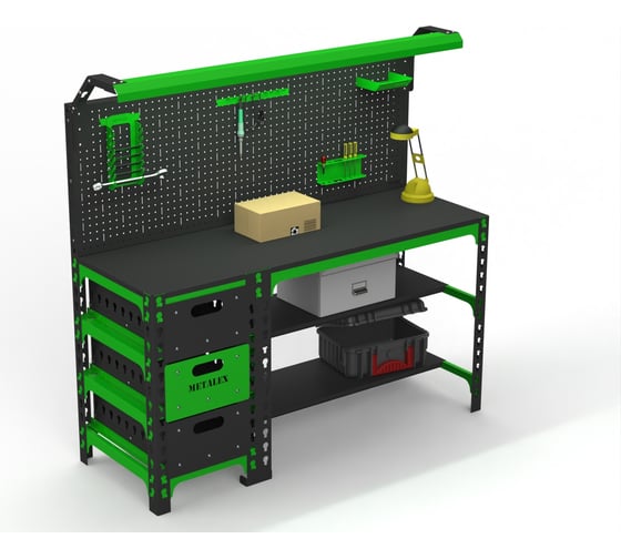 Изображение товара Металлический стол ООО Металекс серия SUN 750x1600x600 мм, с выдвижными ящиками, перфопанелью и комплектом освещения 112054