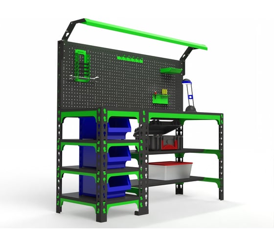 Изображение товара Металлический стол ООО Металекс серия SUN 750x1600x500 мм, с боковыми полками, перфопанелью и комплектом освещения 112042