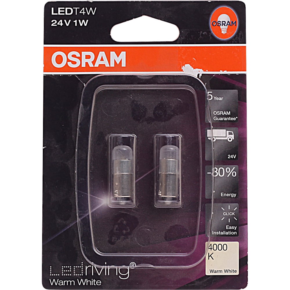 фото Автолампа osram t4w ba9s led warm 4000k 2шт 24v, 1, 5 3924ww-02b