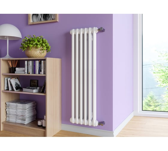 Изображение товара Вертикальный трубчатый радиатор GUARDO PILON двухтрубный 1200 мм высотой, 384 мм шириной, 8 секций, нижнее подключение, белый 2T-1200 8 NK