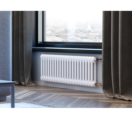 Изображение товара Трубчатый радиатор GUARDO PILON двухтрубный 400 мм высотой, 474 мм шириной, 10 секций, нижнее с вентилем подключение, белый 2T-0400 10 NKV