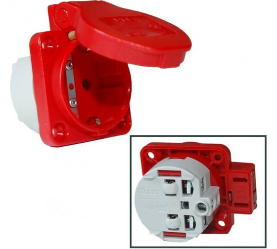 Изображение товара Встраиваемая розетка PCE 16A 250V 2P+E IP54 подключение сзади 50х50 красная 105-0r