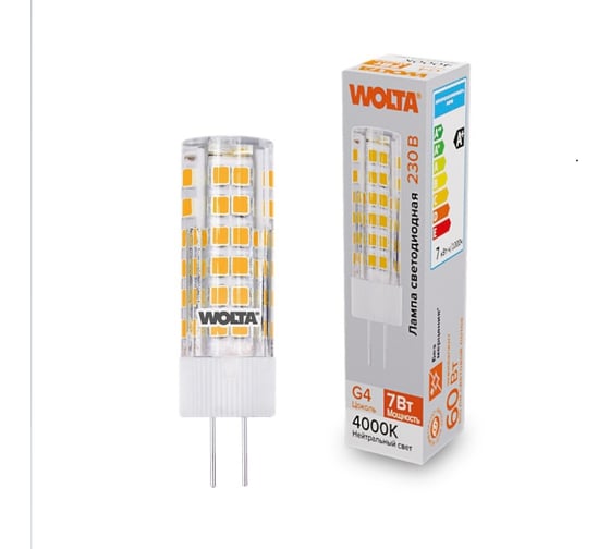 Изображение товара Светодиодная лампа Wolta капсульная 7Вт, 4000К Дневной свет, 175-250 В, цоколь G4, материал корпуса - керамика, форма кукуруза WSTD-JC-220V7W4KG4-C