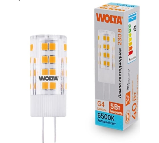 Изображение товара Светодиодная лампа Wolta капсульная, 5Вт, 6500К Холодный свет, 175-250В, цоколь G4, материал корпуса - керамика, форма кукуруза WSTD-JC-220V5W6KG4-C