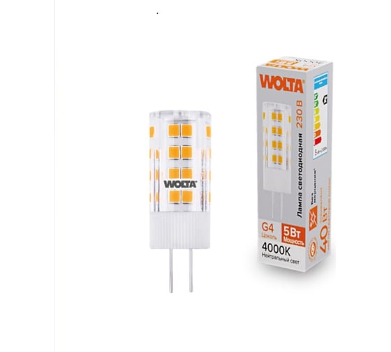 Изображение товара Светодиодная лампа Wolta капсульная 5Вт, 4000К Дневной свет, 175-250В, цоколь G4, материал корпуса - керамика, форма кукуруза WSTD-JC-220V5W4KG4-C