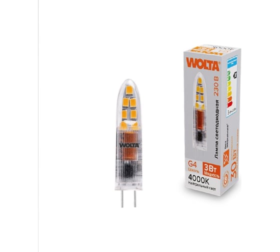 Изображение товара Светодиодная лампа Wolta капсульная, 3Вт, 4000К Дневной свет, 220В, цоколь G4, материал - пластик, форма кукуруза WSTD-JC-220V3W4KG4-P