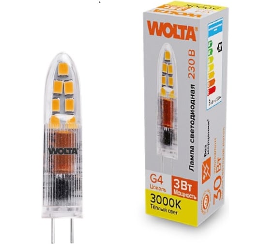 Изображение товара Светодиодная лампа Wolta капсульная 3Вт, 3000К Теплый свет, 220В, цоколь G4, материал - пластик, форма кукуруза WSTD-JC-220V3W3KG4-P