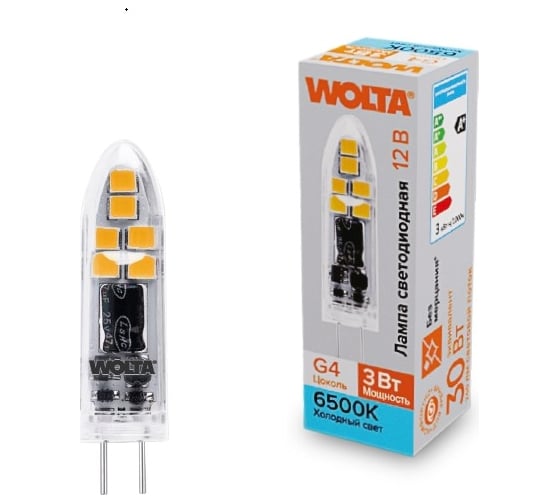 Изображение товара Светодиодная лампа Wolta капсульная 3Вт, 6500К Холодный свет, 12 В, цоколь G4, форма кукуруза, пластик WSTD-JC-12V3W6KG4-P