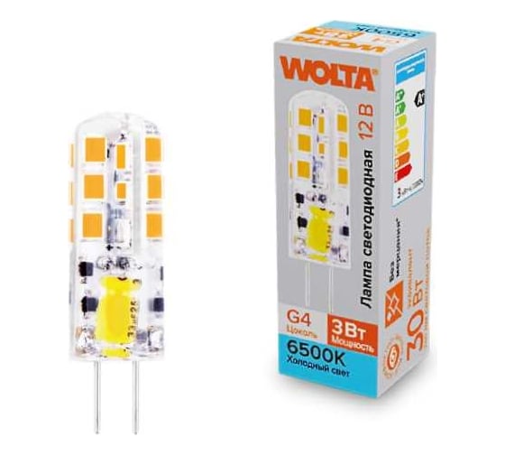 Изображение товара Светодиодная лампа Wolta капсульная 3Вт, 6500К Холодный свет, 12В, цоколь G4, форма кукуруза, материал - силикон WSTD-JC-12V3W6KG4-S