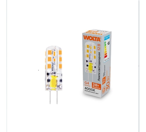 Изображение товара Светодиодная лампа Wolta капсульная 3Вт, 4000К Дневной свет, 12В, цоколь G4, материал силикон, форма кукуруза WSTD-JC-12V3W4KG4-S