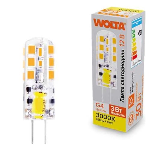Изображение товара Светодиодная лампа Wolta капсульная 3Вт, 3000К Теплый свет, 12В, цоколь G4, форма кукуруза, материал - силикон WSTD-JC-12V3W3KG4-S