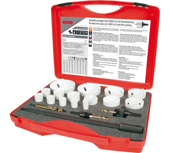 Изображение товара Набор коронок Bi-Metall HSSE-Co8 (15 шт; 16-83 мм; 2 адаптера; центрирующее сверло; удлинитель) RUKO 126318