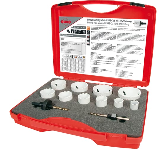 Изображение товара Набор коронок Bi-Metall HSSE-Co8 (10 шт; 19-64 мм; 2 адаптера) RUKO 126303