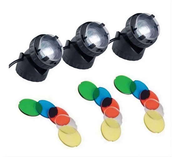 Изображение товара Галогеновая подводная/надводная подсветка Jebao комплект /3шт/. 12 V, 3x10 W,с 4 цвет.фильтрами JPL1-3